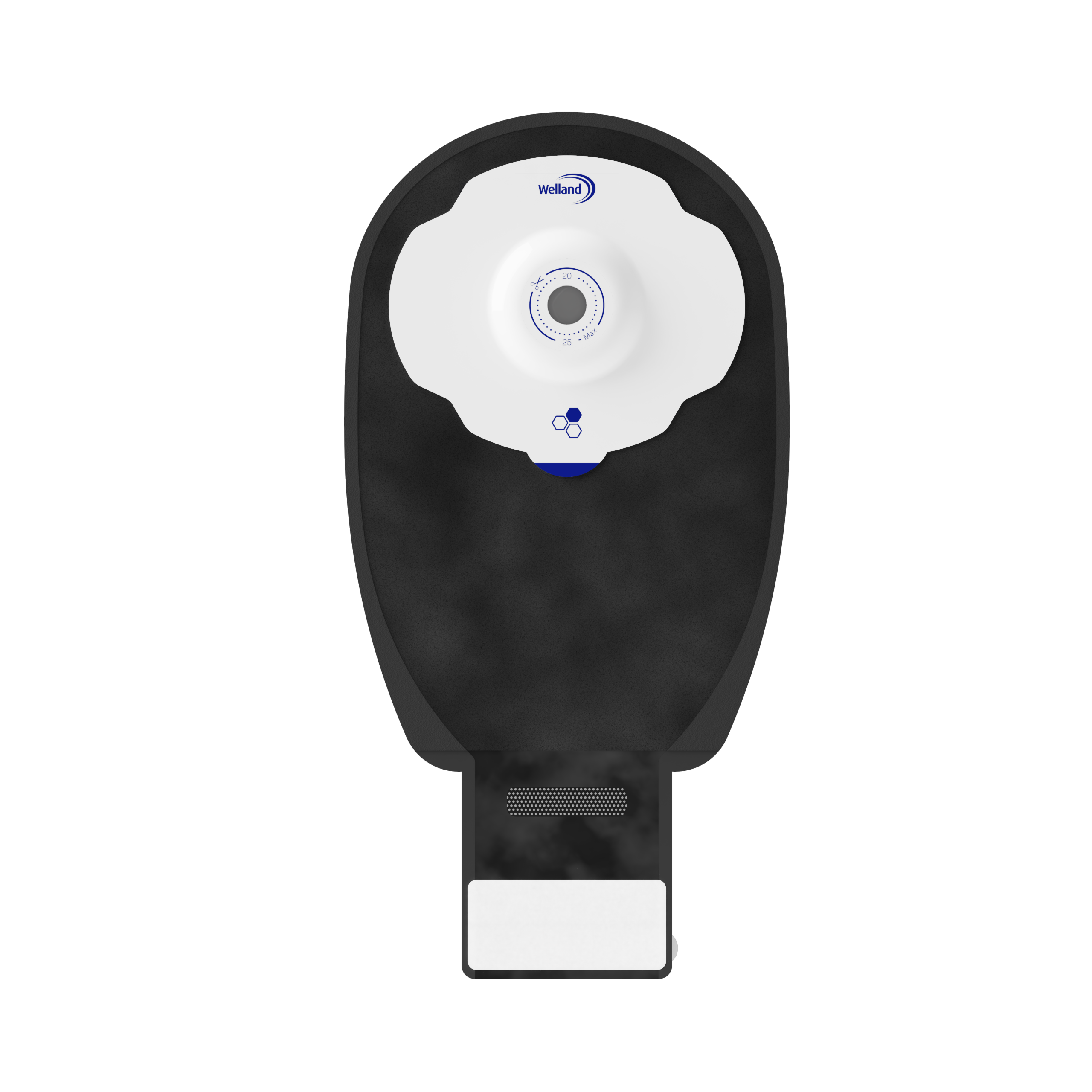 X1D1N136113 | Welland Medical, Aurum Plus, Ostomy device one-piece, drainable, black, split soft cover, maxi, soft convex, 25mm plateau, 13mm starter hole cuts to 25mm