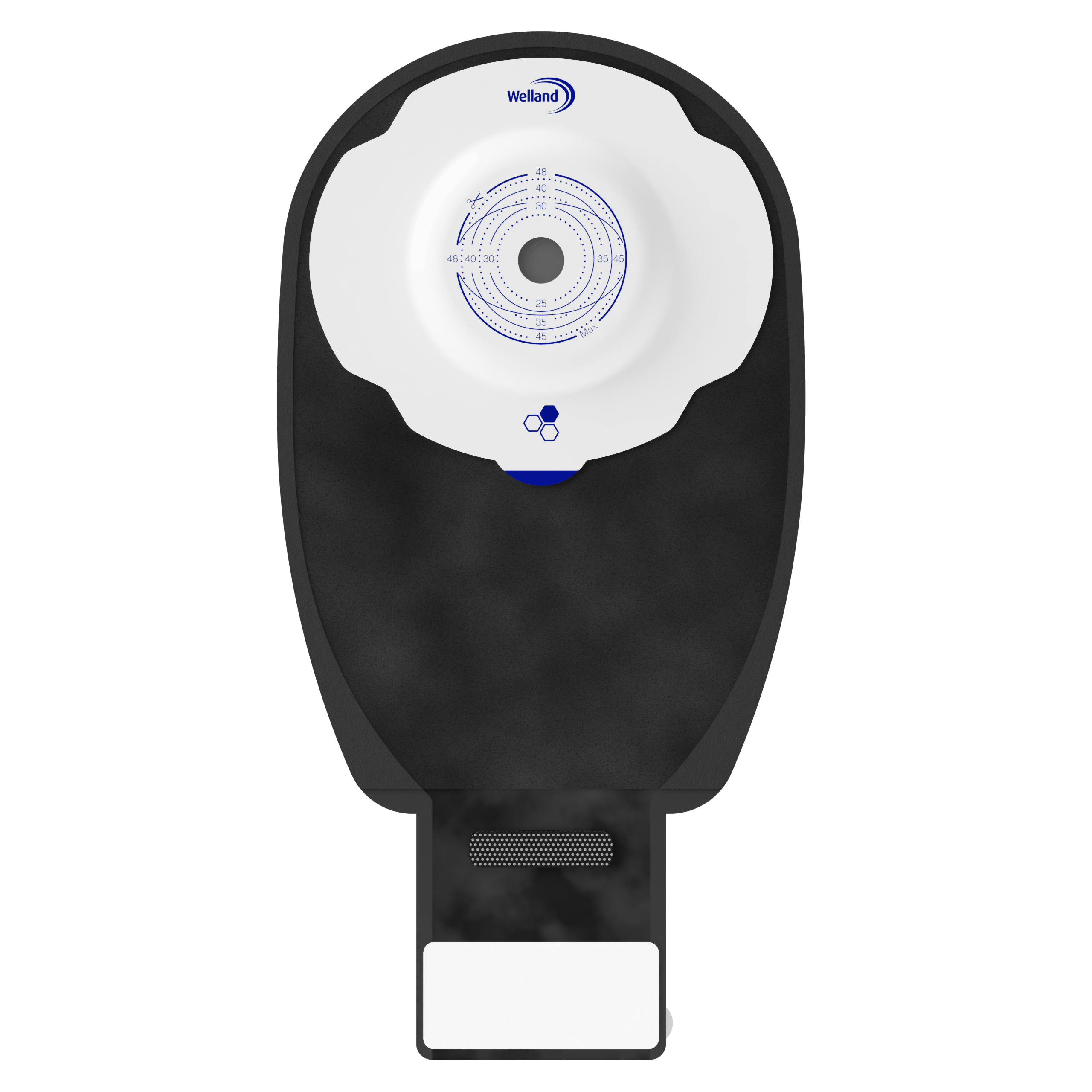 X1D1N136313 | Welland Medical, Aurum Plus, Ostomy device one-piece, drainable, black, split soft cover, maxi, soft convex, 48mm plateau, 13mm starter hole cuts to 48mm