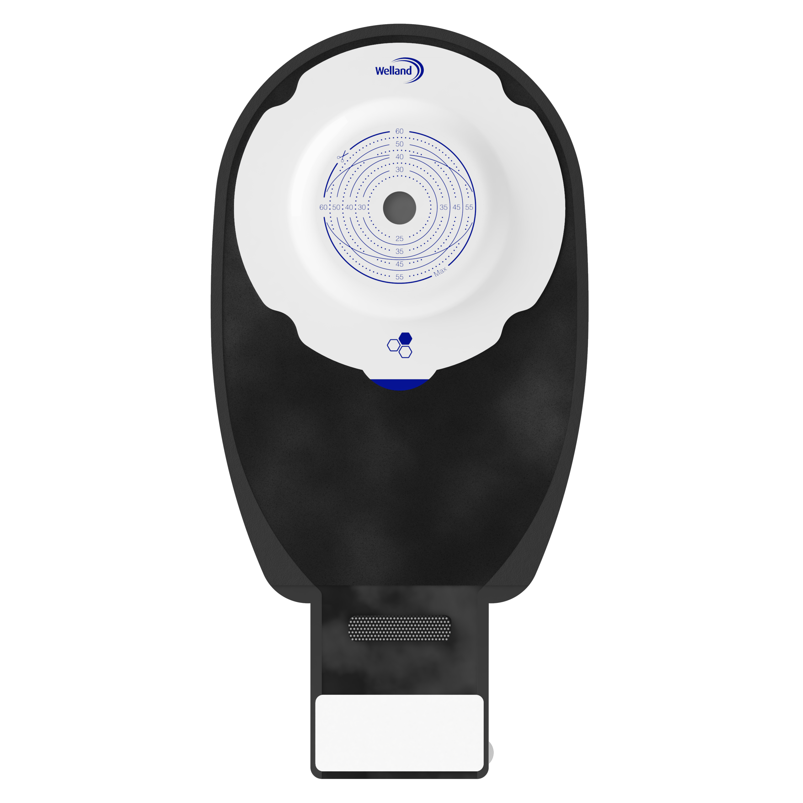 X1D1N156413 | Welland Medical, Aurum Plus, Ostomy device one-piece, drainable, black, split soft cover, maxi plus, soft convex, 60mm plateau, 13mm starter hole cuts to 60mm