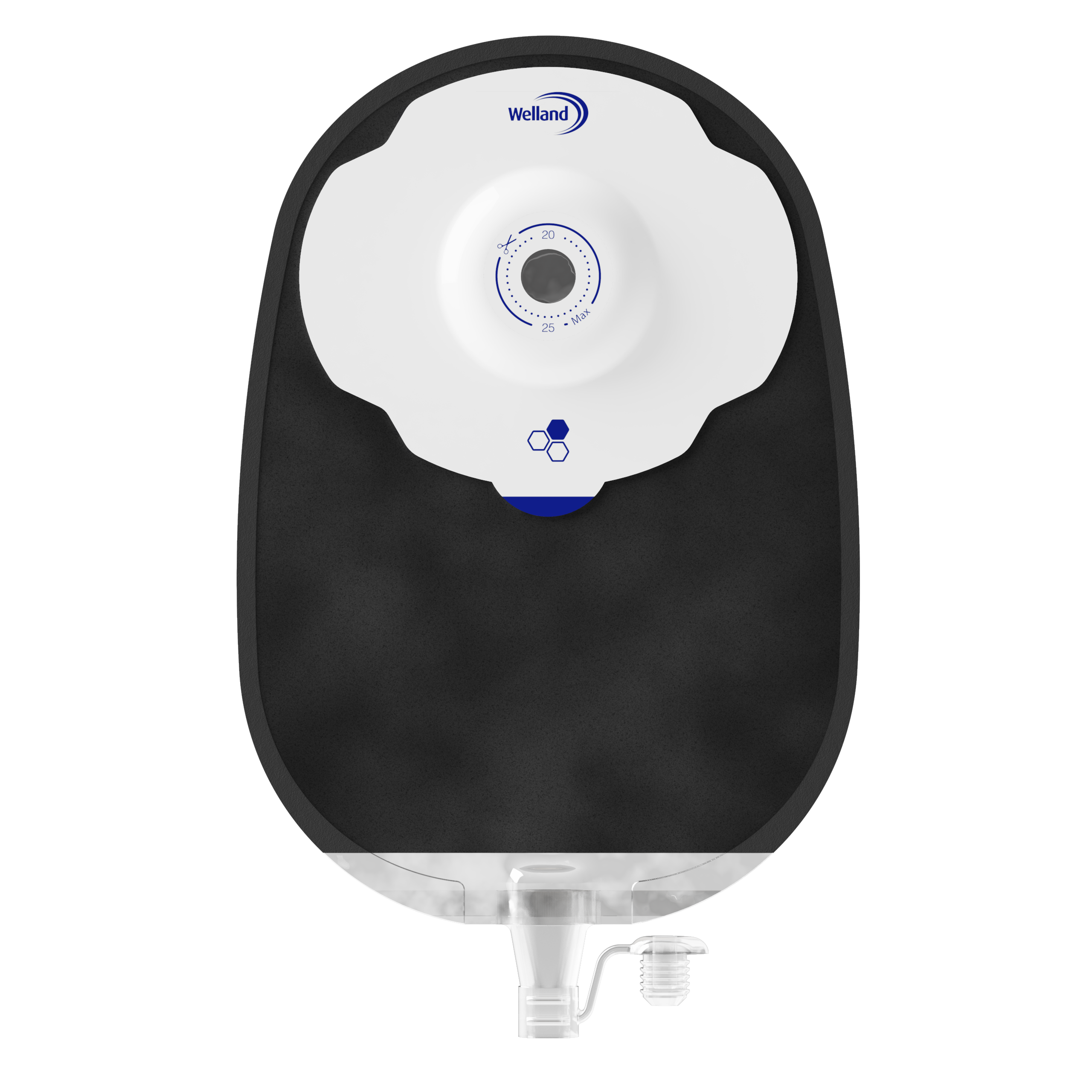 X1U1R136113 | Welland Medical, Aurum Plus, Ostomy device one-piece, urostomy, black, split soft cover, maxi, soft convex, 25mm plateau, 13mm starter hole cuts to 25mm