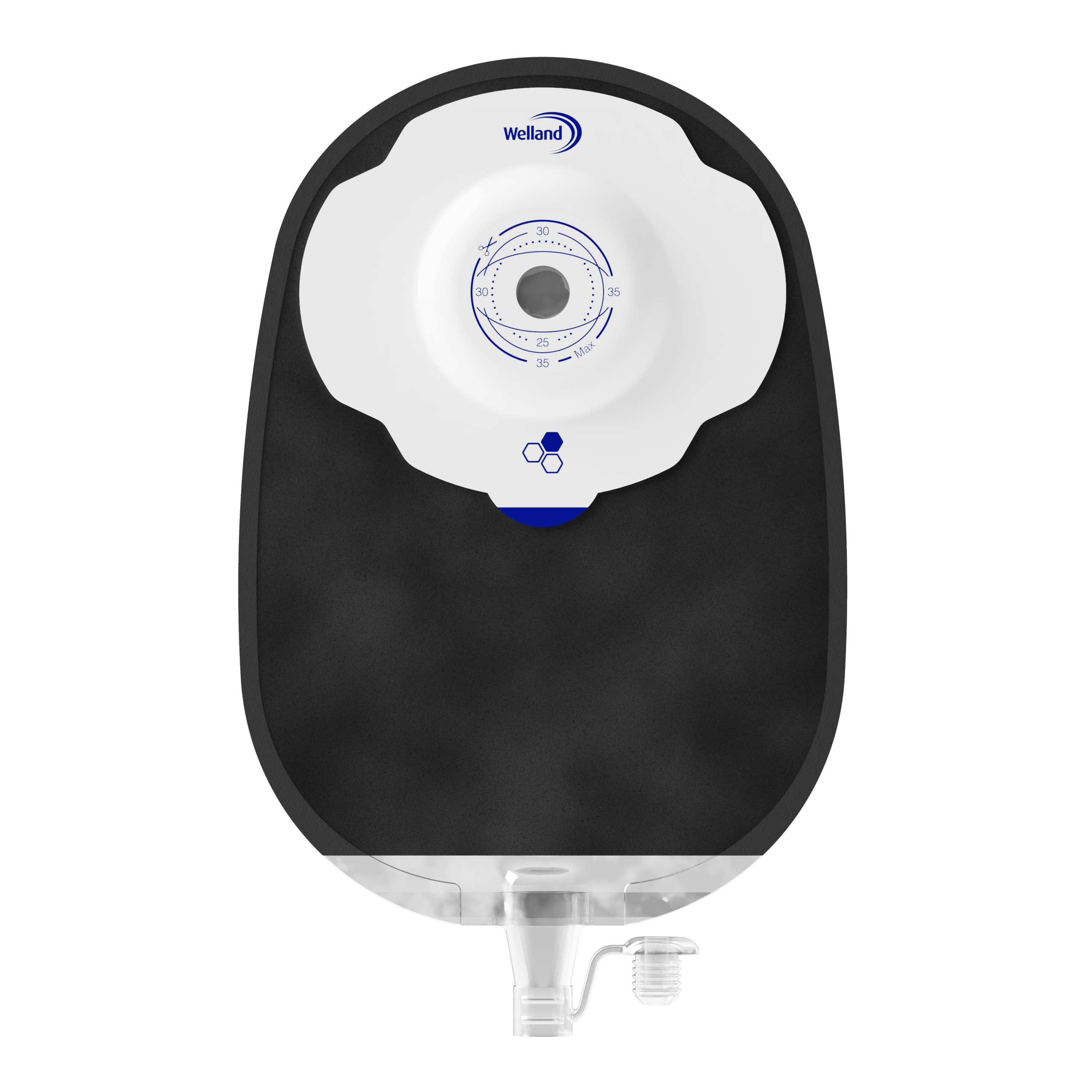 X1U1R136213 | Welland Medical, Aurum Plus, Ostomy device one-piece, urostomy, black, split soft cover, maxi, soft convex, 35mm plateau, 13mm starter hole cuts to 35mm