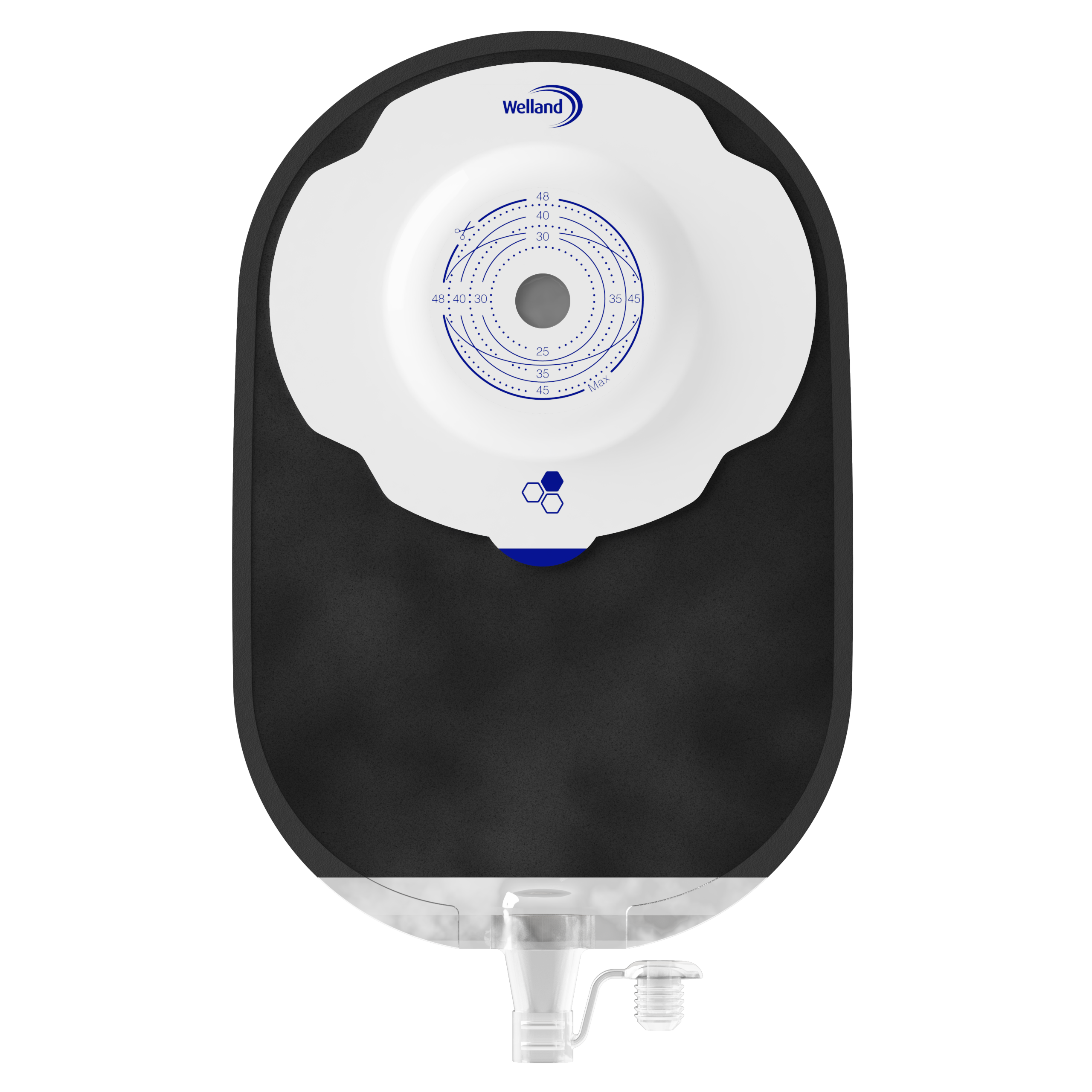 X1U1R136313 | Welland Medical, Aurum Plus, Ostomy device one-piece, urostomy, black, split soft cover, maxi, soft convex, 48mm plateau, 13mm starter hole cuts to 48mm