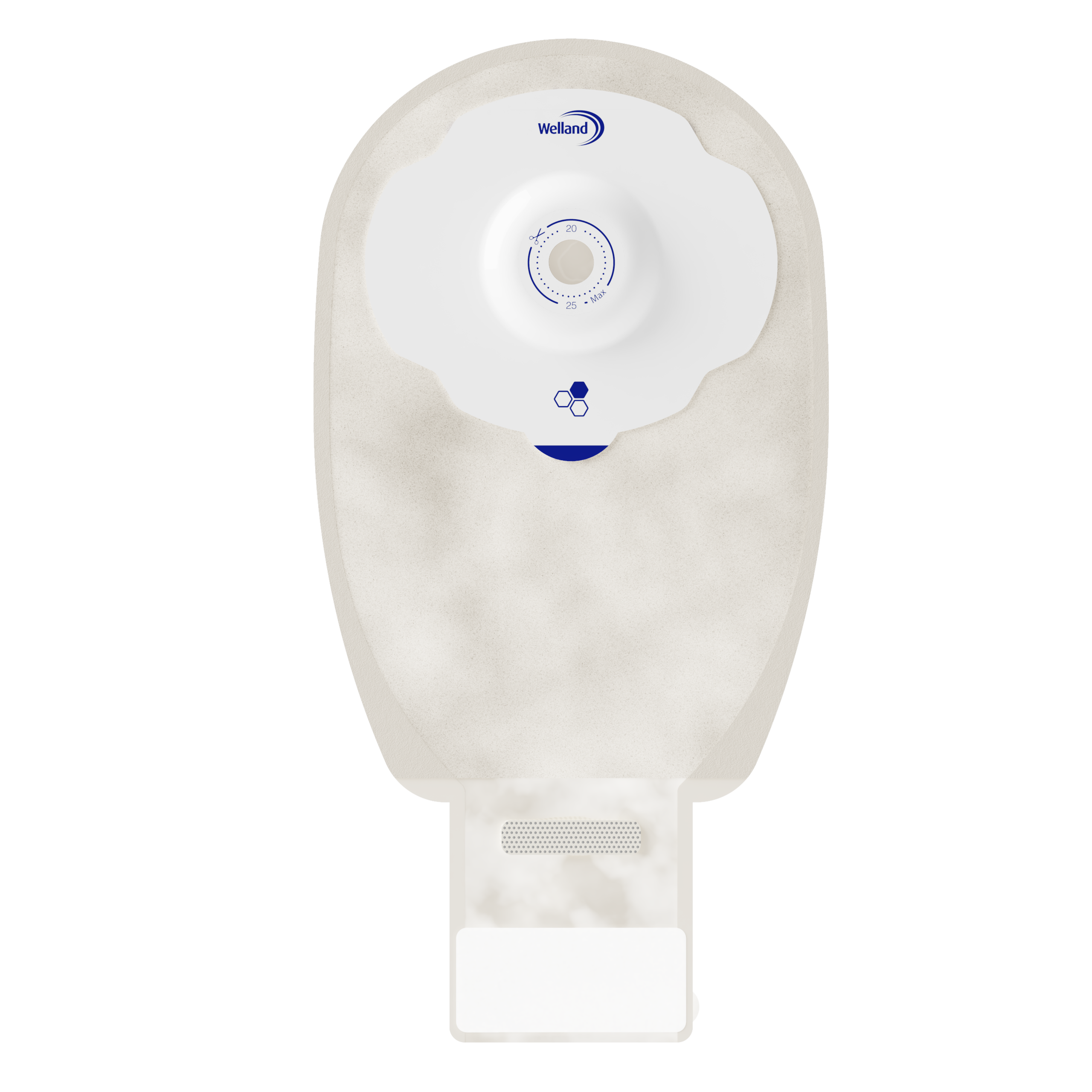 X1D1N236113 | Welland Medical, Aurum Plus, Ostomy device one-piece, drainable, sand, split soft cover, maxi, soft convex, 25mm plateau, 13mm starter hole cuts to 25mm