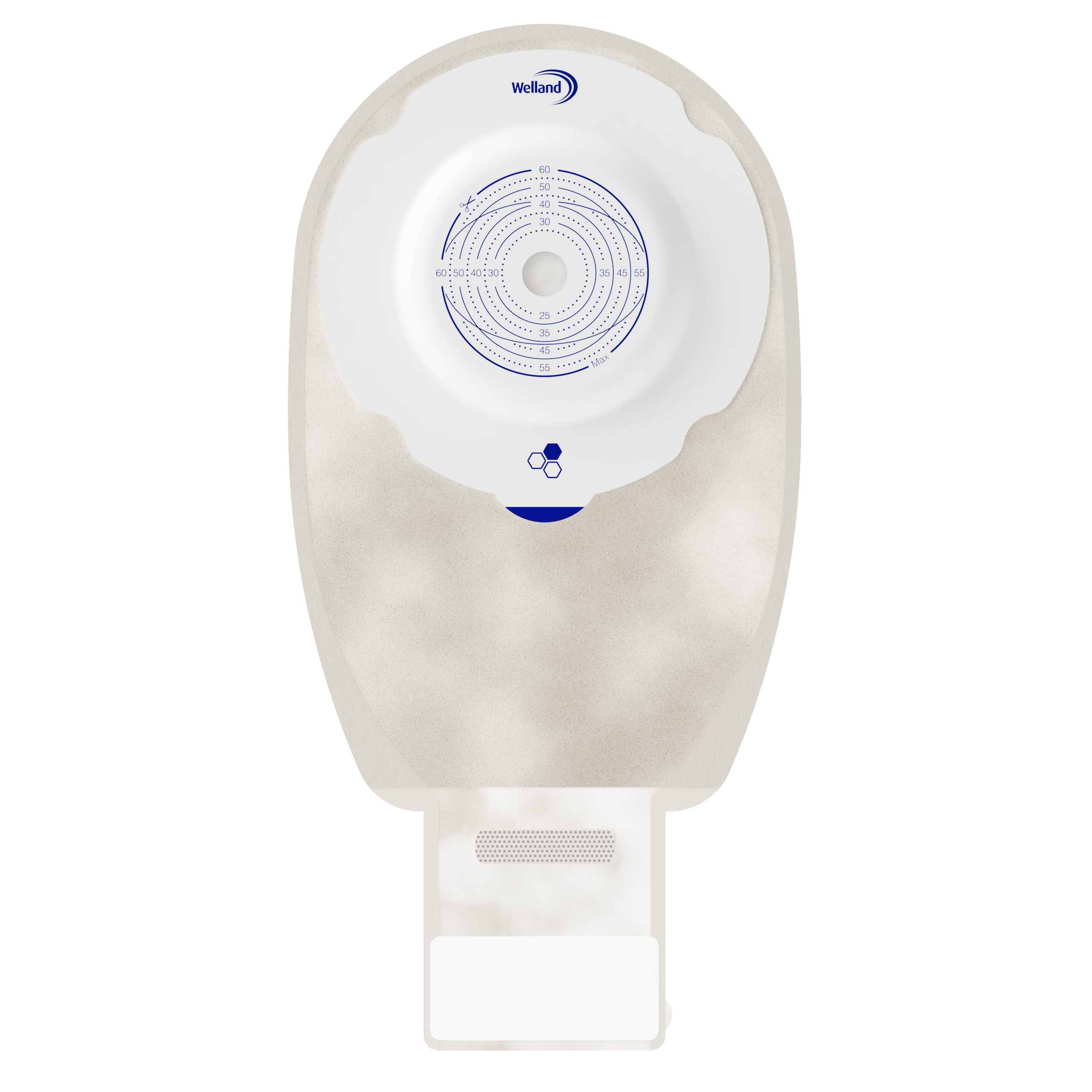 X1D1N256413 | Welland Medical, Aurum Plus, Ostomy device one-piece, drainable, sand, split soft cover, maxi plus, soft convex, 60mm plateau, 13mm starter hole cuts to 60mm