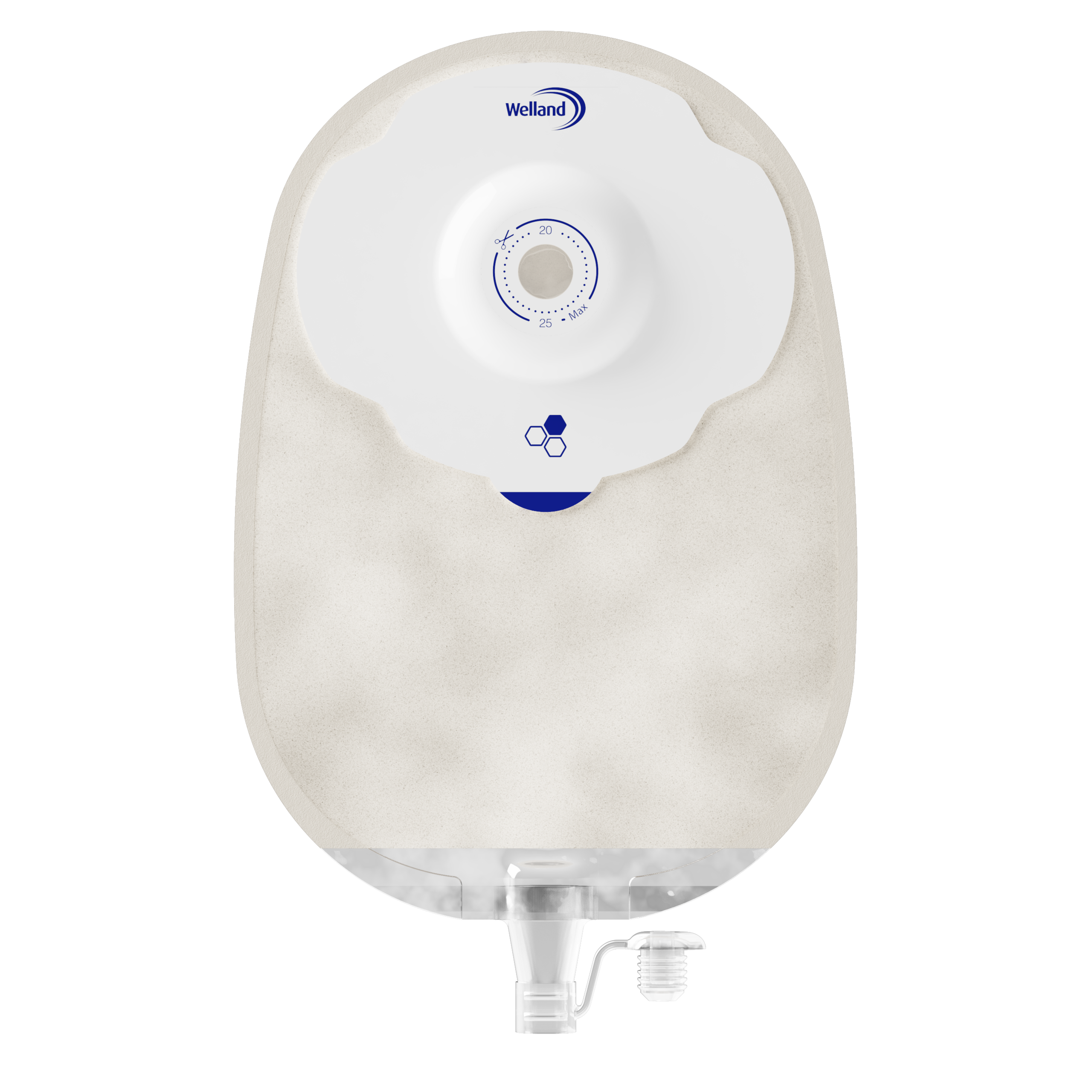 X1U1R236113 | Welland Medical, Aurum Plus, Ostomy device one-piece, urostomy, sand, split soft cover, maxi, soft convex, 25mm plateau, 13mm starter hole cuts to 25mm