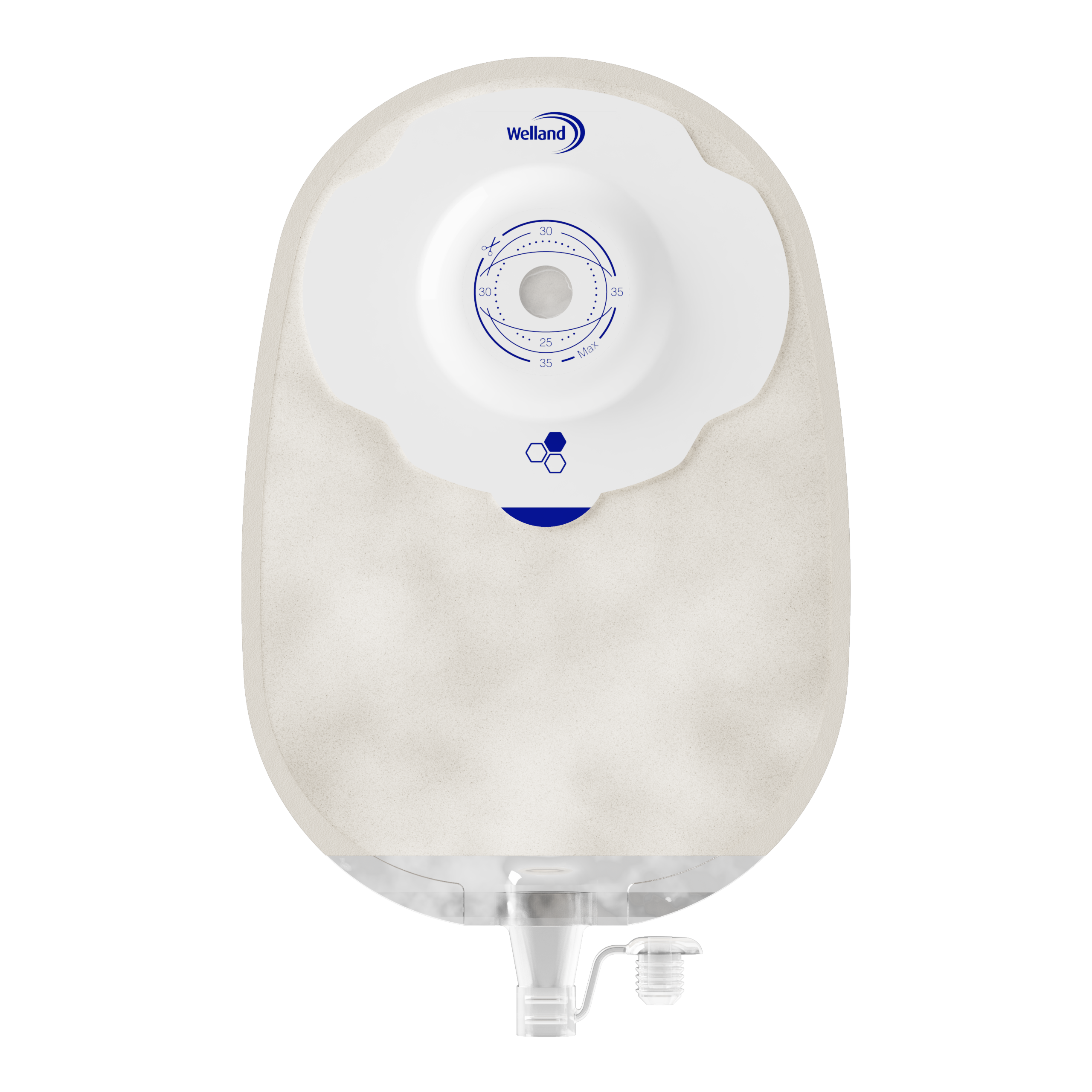 X1U1R236213 | Welland Medical, Aurum Plus, Ostomy device one-piece, urostomy, sand, split soft cover, maxi, soft convex, 35mm plateau, 13mm starter hole cuts to 35mm
