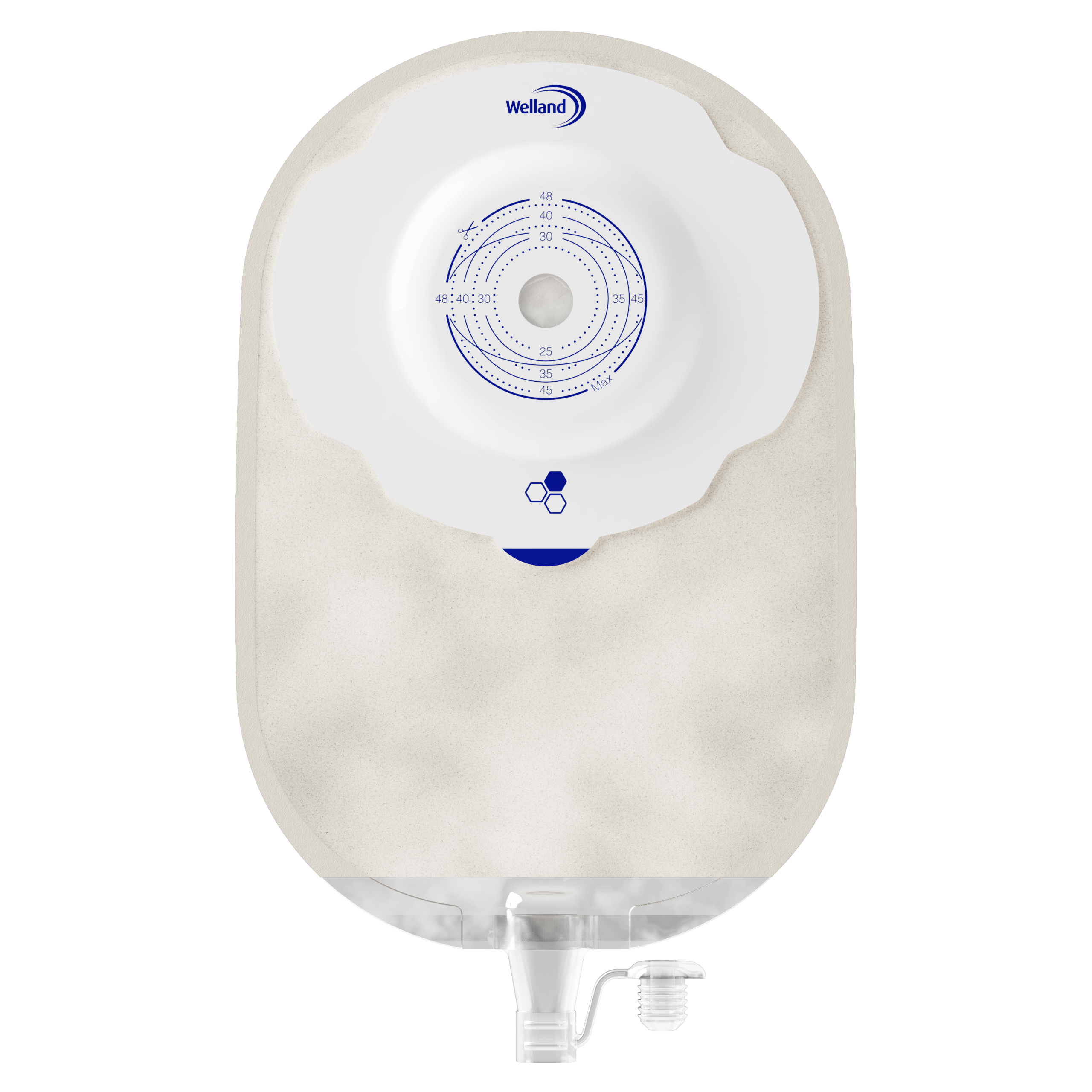 X1U1R236313 | Welland Medical, Aurum Plus, Ostomy device one-piece, urostomy, sand, split soft cover, maxi, soft convex, 48mm plateau, 13mm starter hole cuts to 48mm