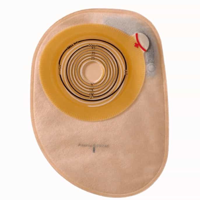 COL 12110 Assura® 1-piece closed ostomy pouch with spiral adhesive and efficient odor filter, designed for discreet and secure ostomy management, available in Canada.