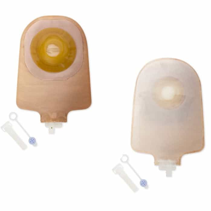 HOL 8483 Premier™ one-piece urostomy pouch with convex Flextend™ barrier, teardrop tap indicator, available in transparent and beige, latex-free, in Canada.