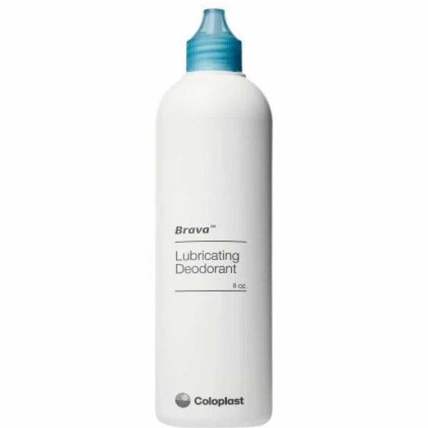 COL 12061 Brava® Lubricating Deodorant in 240ml bottle and single-use sachet, designed to control odor and facilitate easy pouch management for ostomy care.