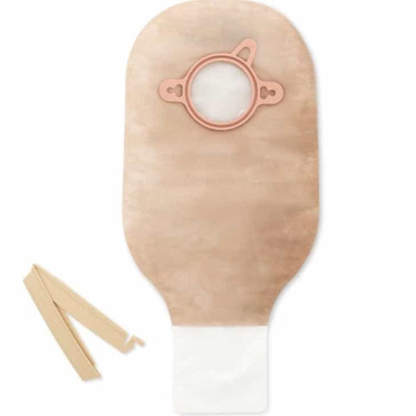 HOL 18143 Two-Piece Pouching System with AF300 filter and curved beige clamp, designed for odor control and comfortable wear in colostomies and ileostomies.