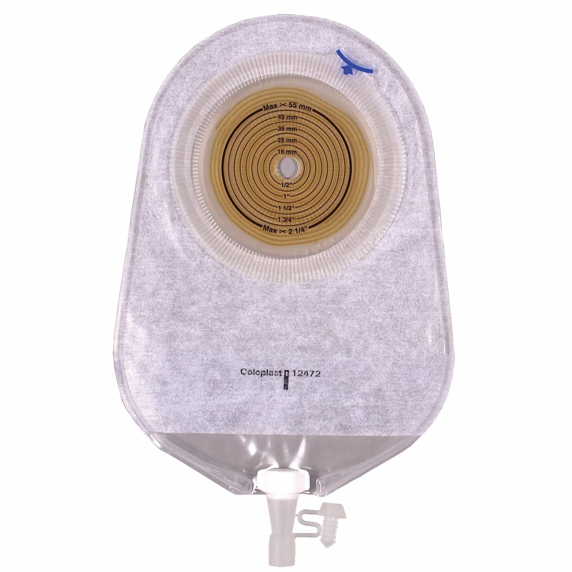 COL 12432 Assura 1-piece urostomy pouch with spiral adhesive and secure outlet, available in transparent and opaque versions, designed for comfort and protection.