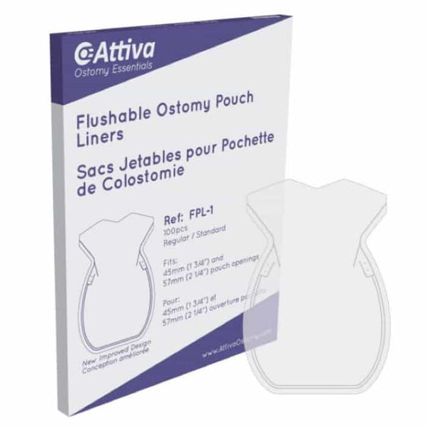 Flushable Ostomy Pouch Liners with New Improved Design, regular size, featuring double heat seals and special guards for enhanced leakage protection.