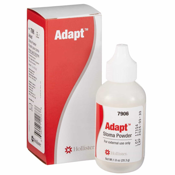 HOL 7906 Adapt Stoma Powder in a convenient puff bottle with viewing window, designed for effective moisture management in ostomy care.