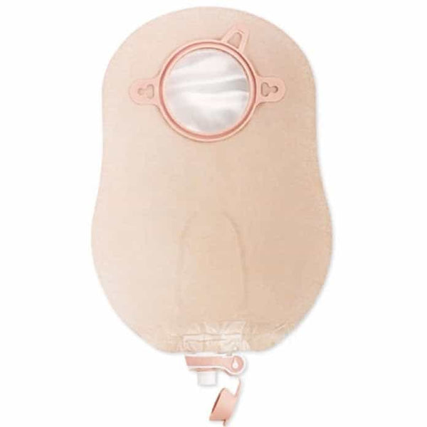 HOL 18902 urostomy pouch with easy-use tap and anti-reflux feature, available in clear and beige options, latex-free, in Canada.
