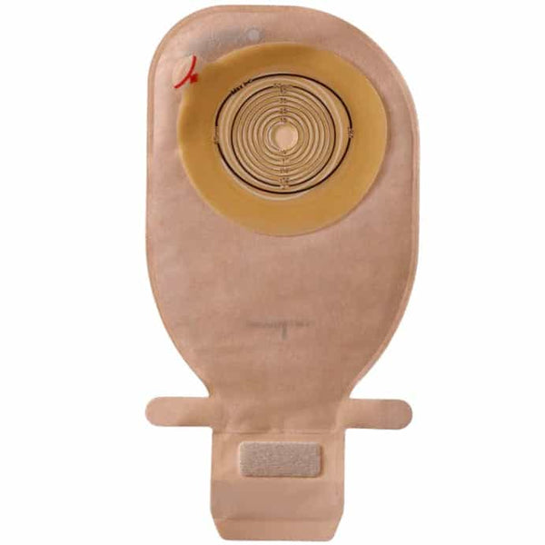 Assura Convex Light 1-Piece Drainable Ostomy Pouch with spiral adhesive and hide-away outlet, designed for security and skin comfort.