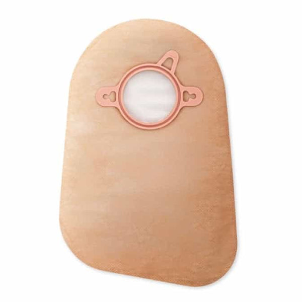 New Image® Closed Pouch in beige with QuietWear® material, designed for discreet colostomy care, featuring an odour-barrier film and latex-free composition
