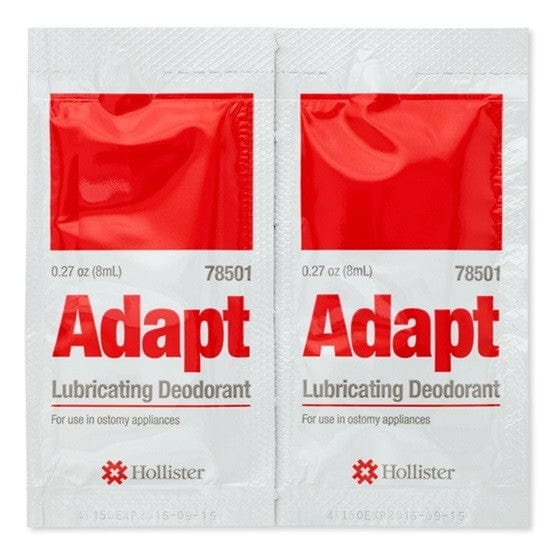 Adapt Lubricating Deodorant bottle and packet for ostomy care, offering odour control and lubrication, latex-free.