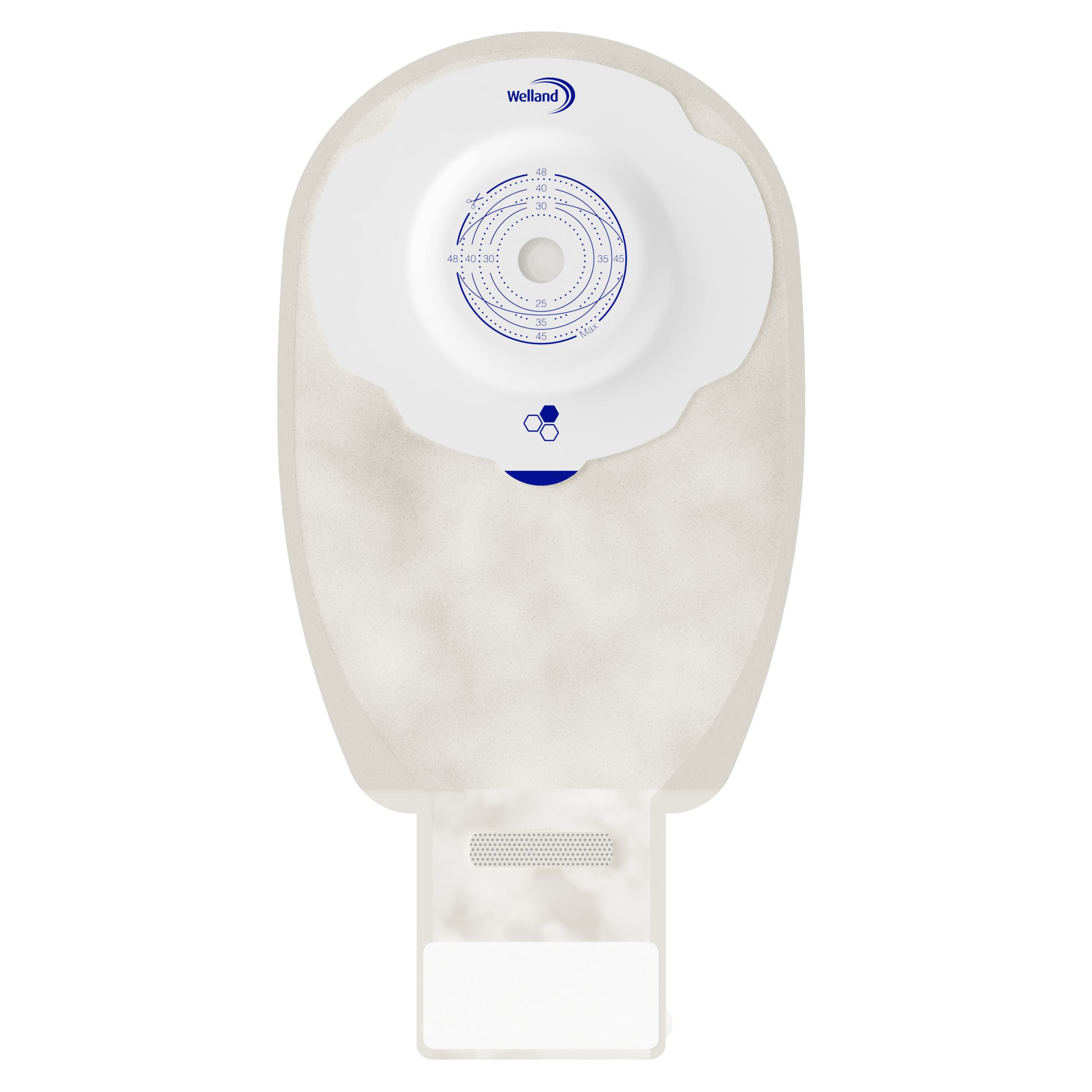X1D1N236313 | Welland Medical, Aurum Plus, Ostomy device one-piece, drainable, sand, split soft cover, maxi, soft convex, 48mm plateau, 13mm starter hole cuts to 48mm