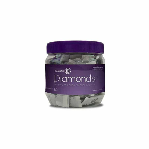 SQU 420791 Diamonds™ gelling and odor control sachets in jar, 100 count, for effective liquid and odor management in ostomy care, available in Canada.